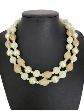 Vintage Japan Signed Double Strand Faux Pearl Green Sugar Bead Necklace 18"